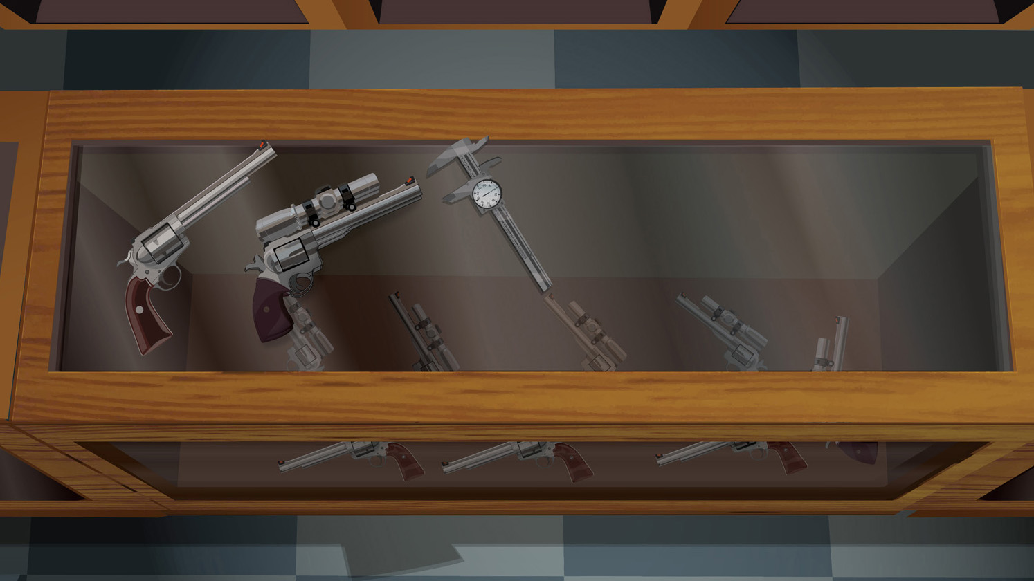 Illustration of a retail gun counter with  two handguns and a tool for measuring bore diameter on top.