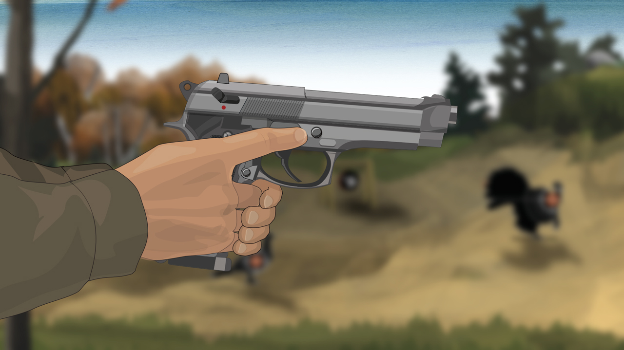 Illustration of a man's hands holding a semi-auto pistol with the muzzle pointed in a safe direction.