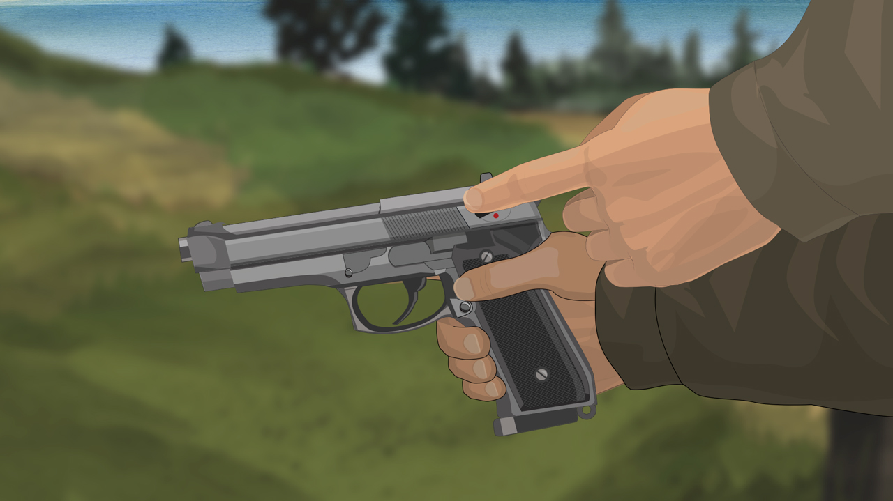 Illustration of a man's hands turning on a semi-auto pistol's safety.
