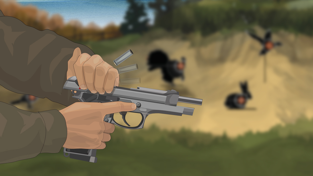 Illustration of a man's hands opening a semi-auto pistol's action and spent cartridges being ejected.