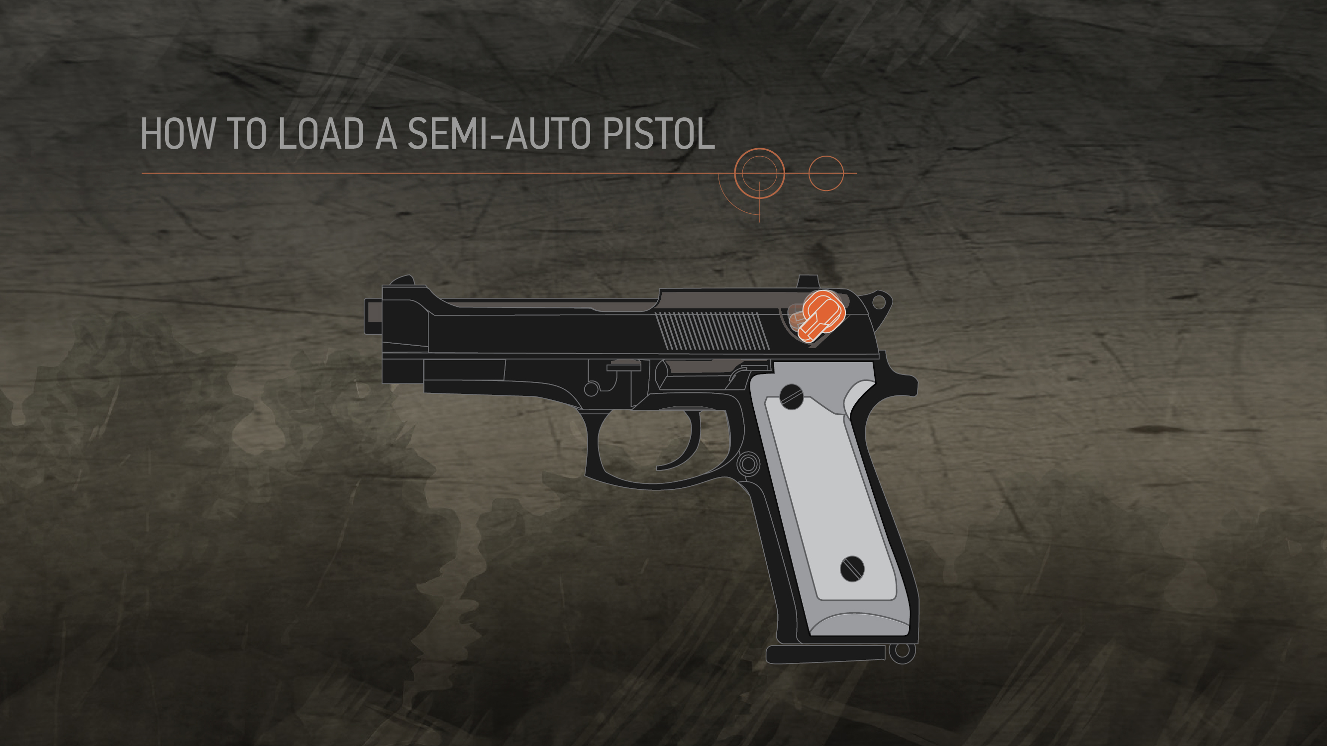 Illustration of a semi-auto pistol with the safety highlighted in orange.