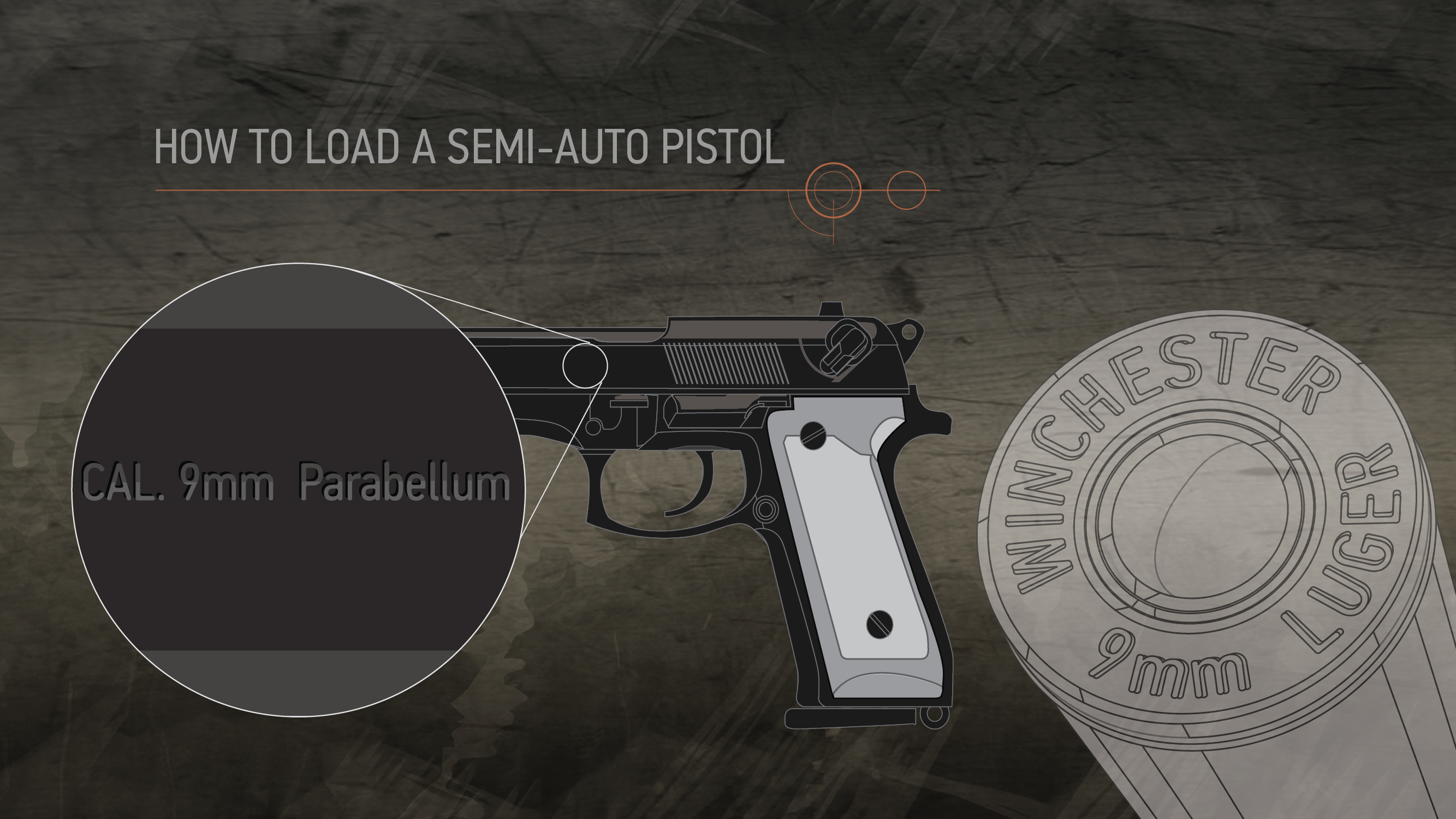 Illustration of a semi-auto pistol with a close up on its data stamp and matching cartridges head stamp.
