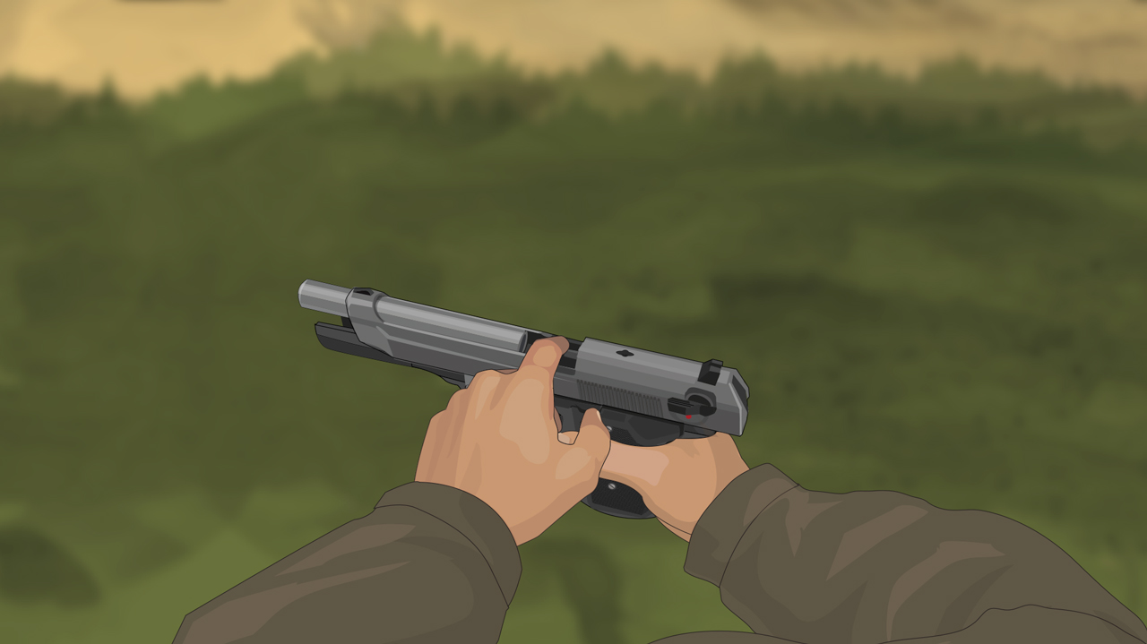 Illustration of a hunter's finger checking a semi-auto pistol's chamber for any obstructions.