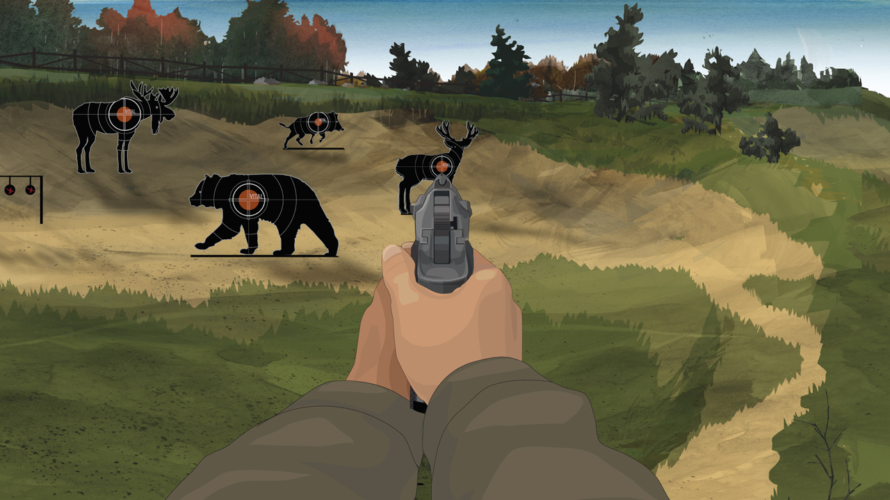 Illustration of a hunter's hands holding a forward facing semi-auto pistol.