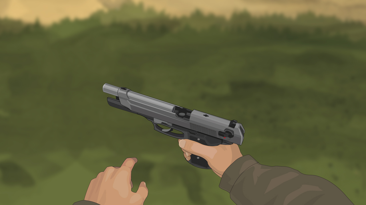 Illustration of a hunter's hands holding a semi-auto pistol with its action open.