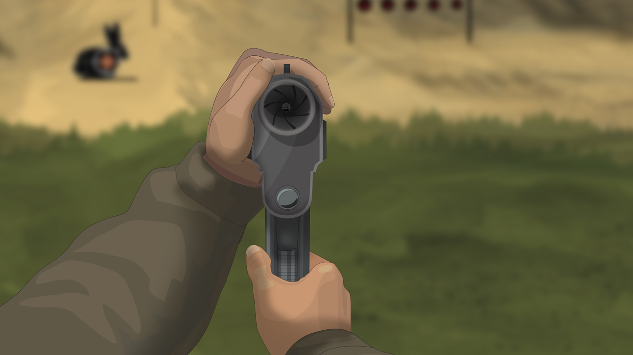 Illustration of a hunter's hands holding a backward facing semi-auto pistol to check the bore for obstructions.