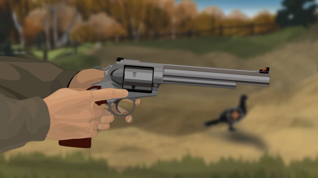 Illustration of a hunter's hands holding a revolver with the muzzle pointed in a safe direction.
