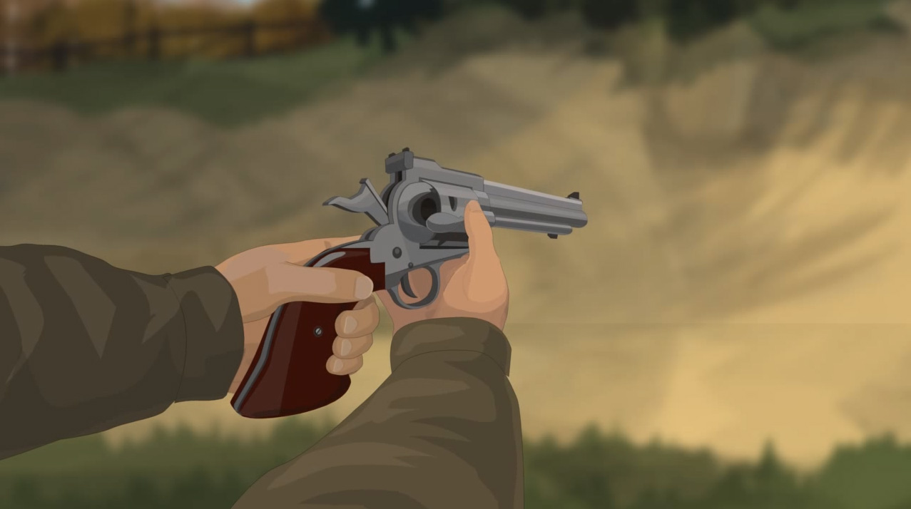 Illustration of a hunter's hands opening a revolver's loading gate and engaging the safety.