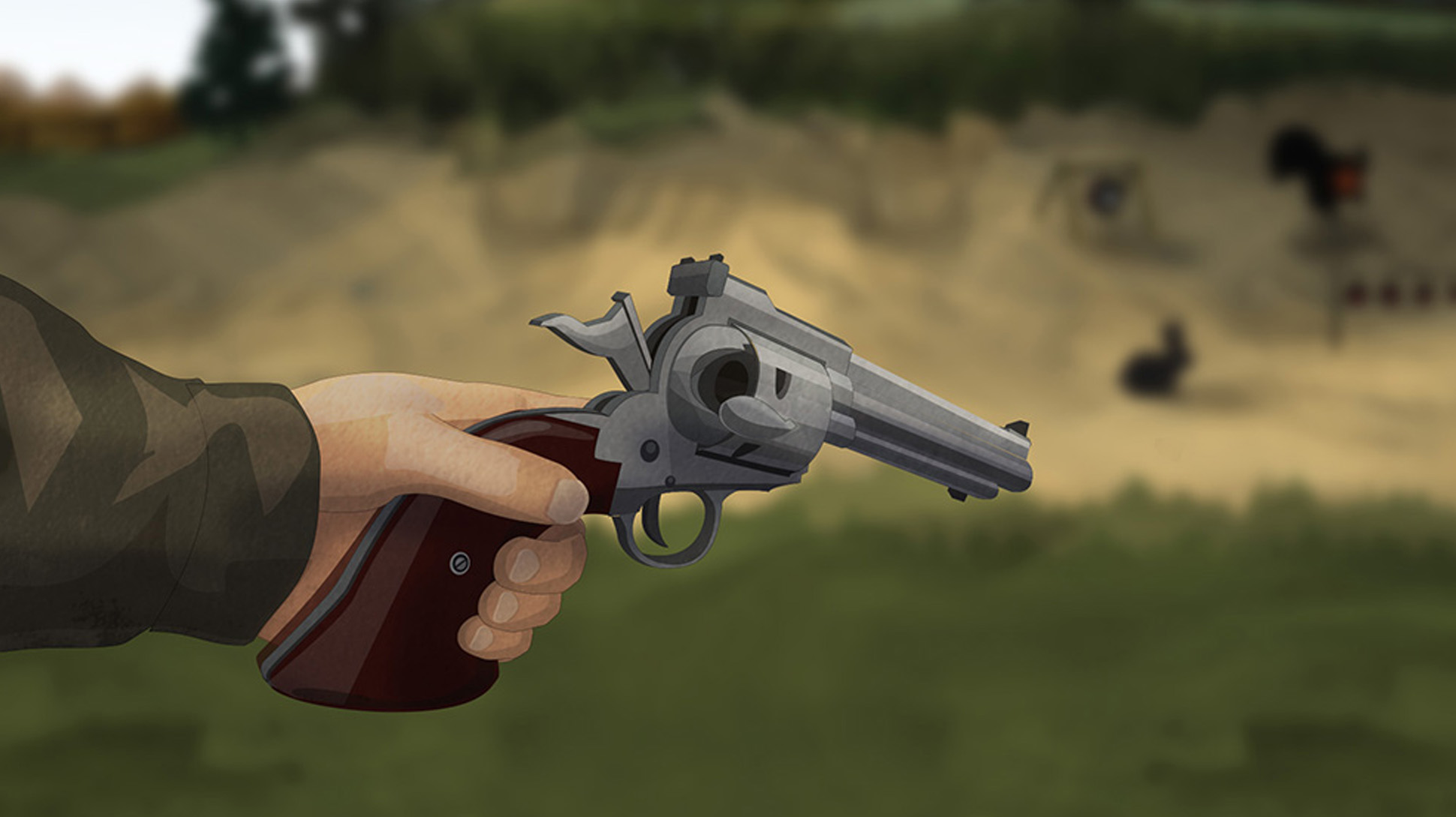 Illustration of a hunter's hand holding a revolver and checking the cylinder for ammunition and obstructions.