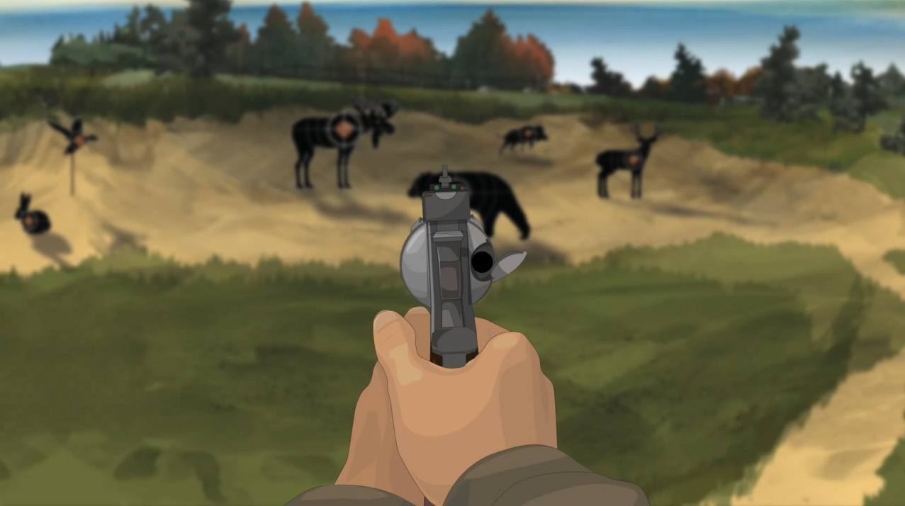 Illustration of a hunter's hands holding a forward facing revolver with the action open.