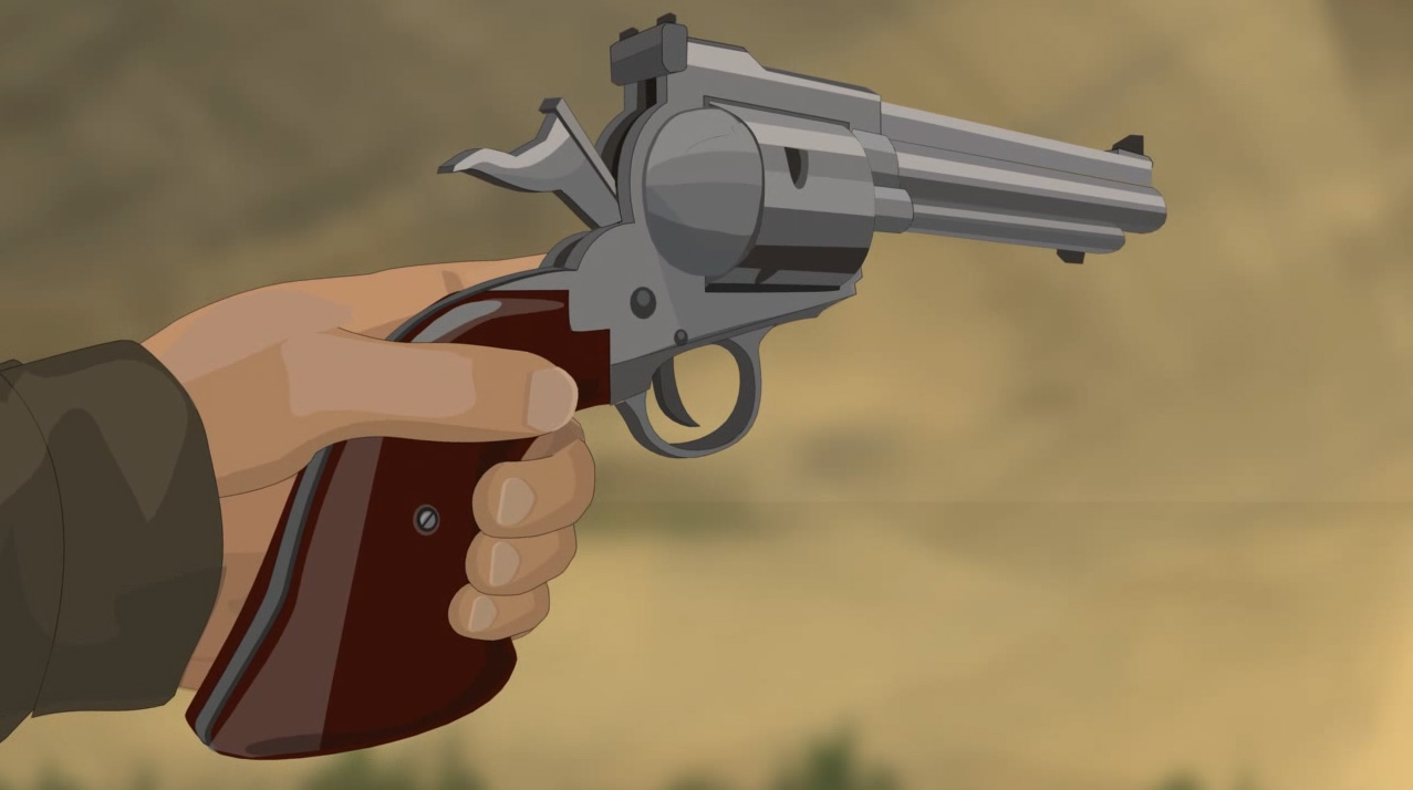 Illustration of a hunter's hand holding a revolver with the safety on.