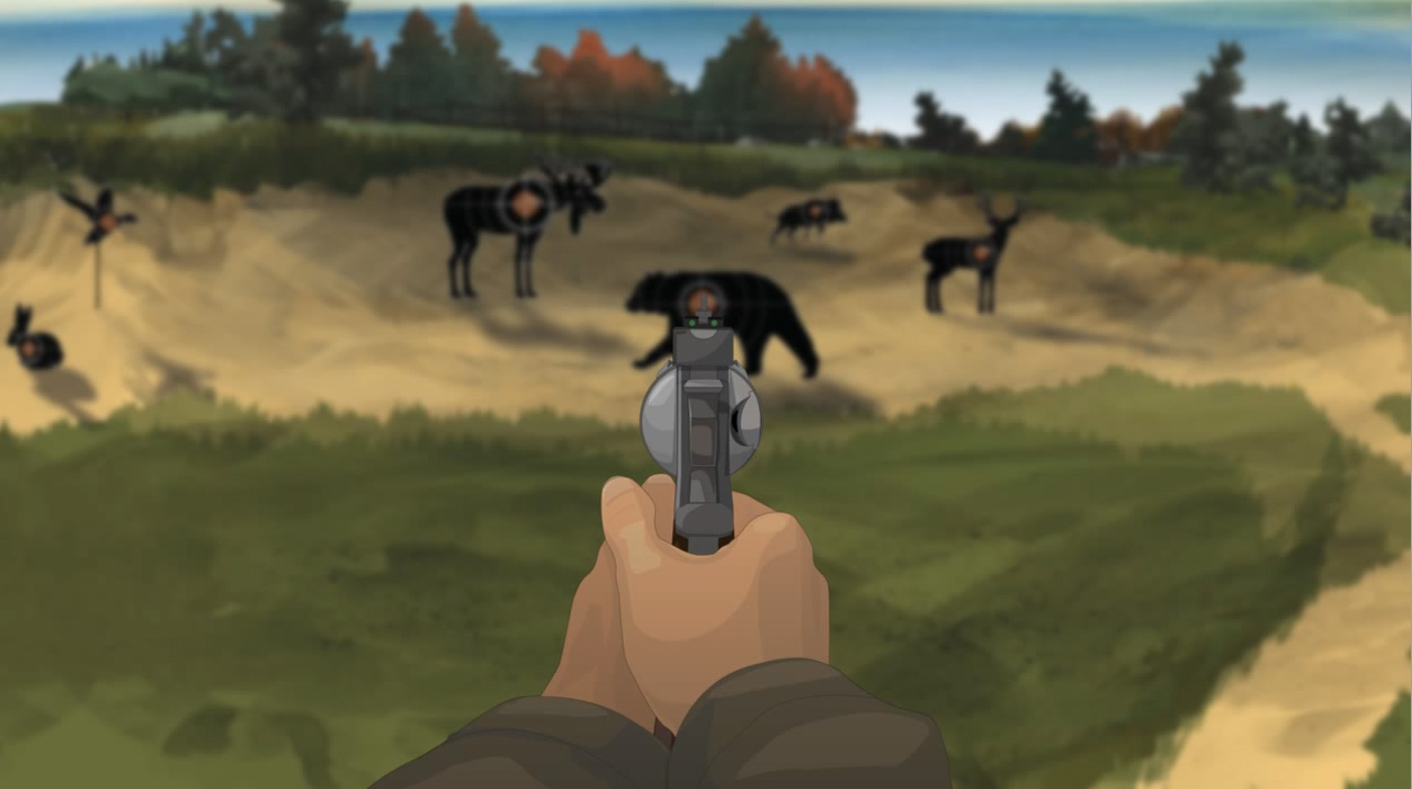 Illustration of a hunter's hands holding a forward facing revolver.