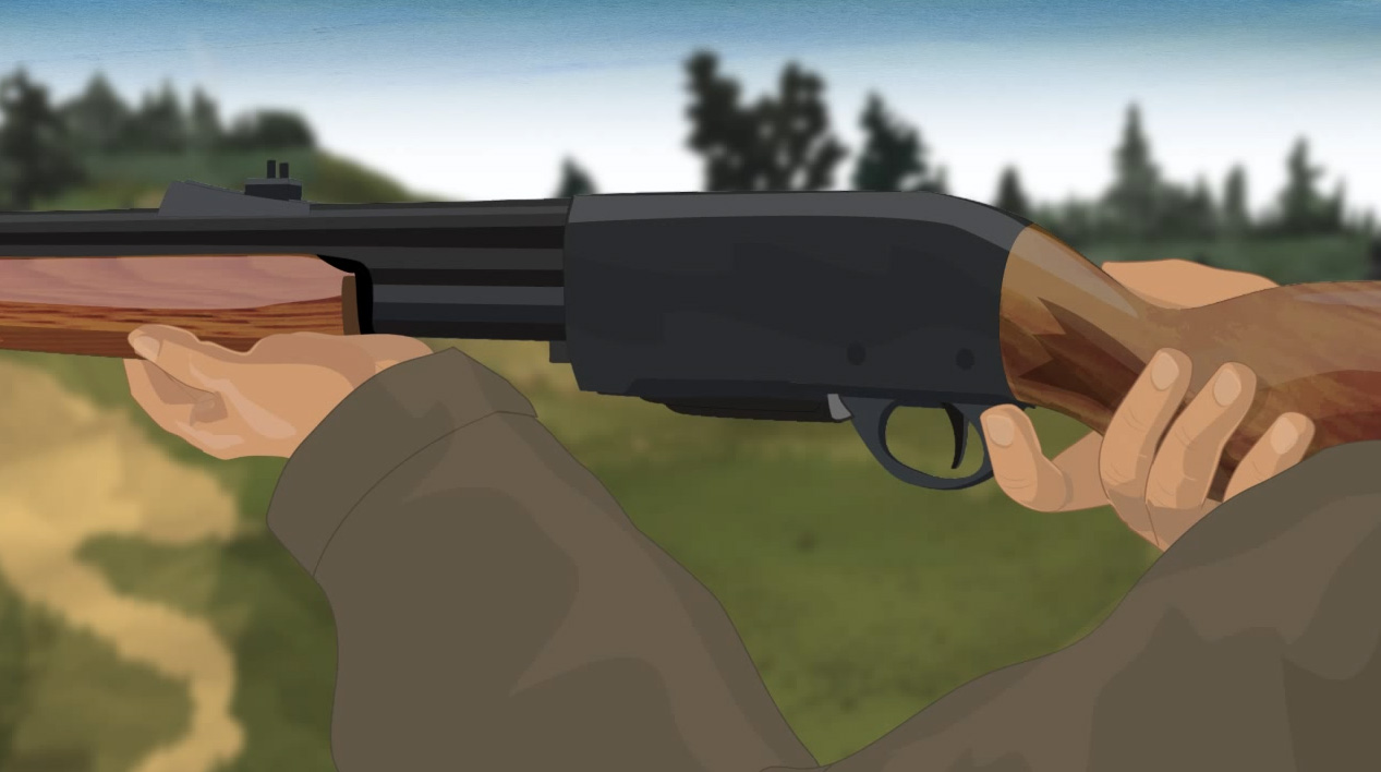 Illustration of a hunter's hands turning on a pump action shotgun's safety.