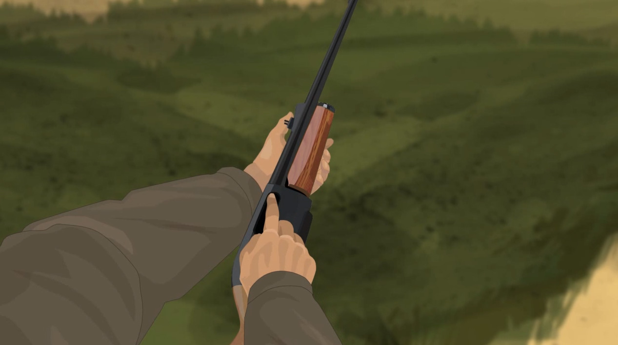 Illustration of a hunter's finger checking a pump action shotgun's chamber for any obstructions.
